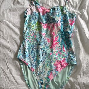 Lilly Pulitzer Blue and Pink One Piece Swimsuit with Tropical Print